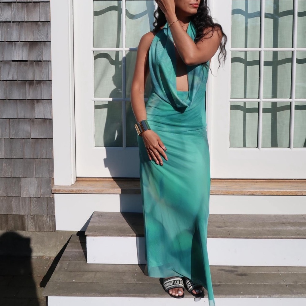 Zara Teal Backless Tulle Maxi Dress